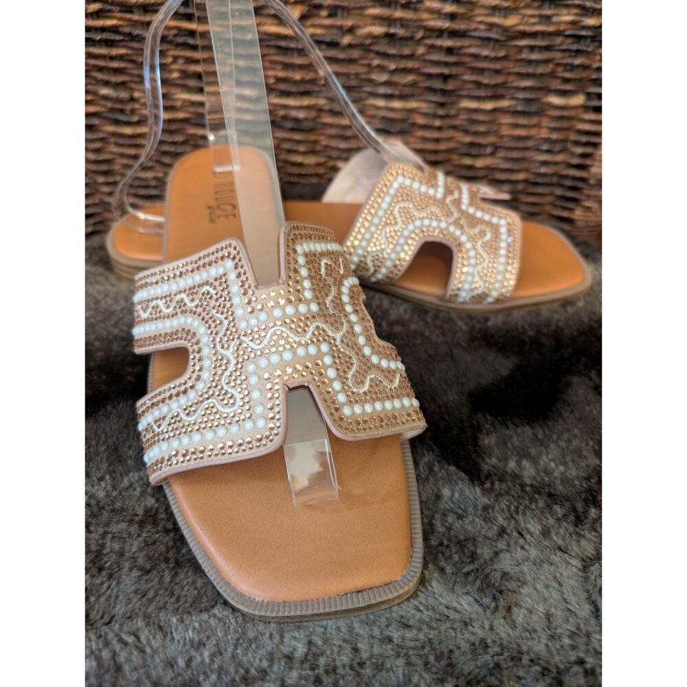 Rouge Helium Embellished Slip On Sandals Womens 10 Gold Slides Resort Vaca Boho
